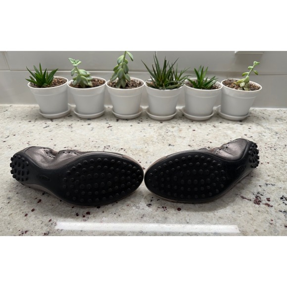 Tod's Women's Size 36.5 (US 6.5) Metallic Taupe Suede Tassel Driving Flats - Picture 4 of 13